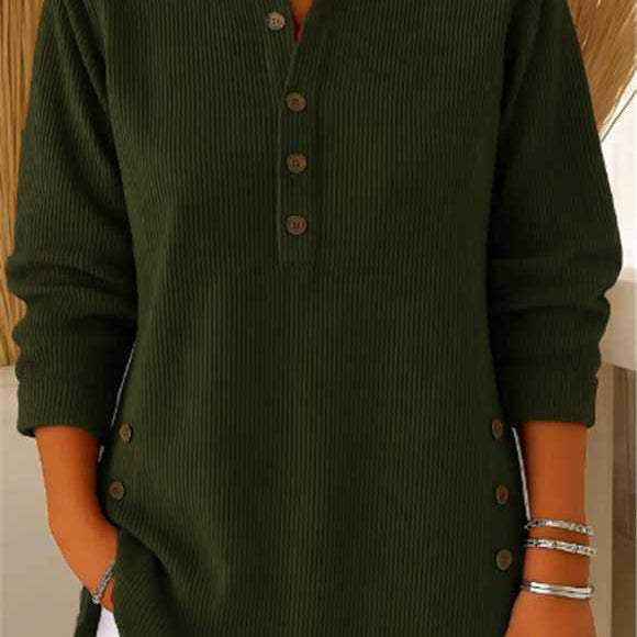 Women's Knit Sweater with Henley Neck Button Front Ribbed Texture and Curved Hem