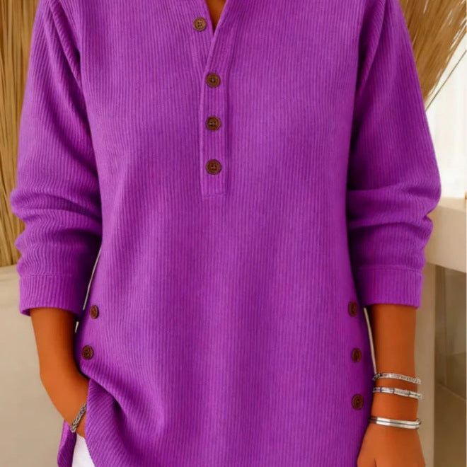 Women's Knit Sweater with Henley Neck Button Front Ribbed Texture and Curved Hem
