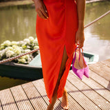 Halter Neck Midi Dress with Thigh Slit and Ruched Waist