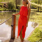Halter Neck Midi Dress with Thigh Slit and Ruched Waist