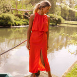 Halter Neck Midi Dress with Thigh Slit and Ruched Waist