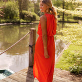Halter Neck Midi Dress with Thigh Slit and Ruched Waist