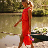 Halter Neck Midi Dress with Thigh Slit and Ruched Waist