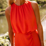 Halter Neck Midi Dress with Thigh Slit and Ruched Waist