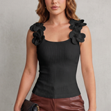Sleeveless Floral Applique Ribbed Knit Top