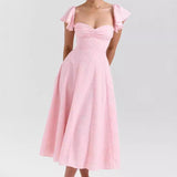 Ruffle-Sleeve A-Line Midi Dress with Sweetheart Neckline