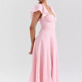 Ruffle-Sleeve A-Line Midi Dress with Sweetheart Neckline