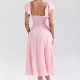 Ruffle-Sleeve A-Line Midi Dress with Sweetheart Neckline
