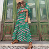 V-Neck Tiered Maxi Dress with Puff Sleeves