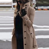Long Womens Coat with Double Breasted Button Front and High Collar for Office Wear