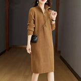 Women's Ribbed Knit Midi Sweater Dress with V Neck Zip Collar and Long Sleeves