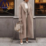 Long Wool Coat with Open Front and Lapel Collar