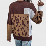 Color block Leopard Print Knit Sweater with Crew Neck