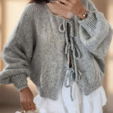 Tie-Front Knit Cardigan with Balloon Sleeves and Ribbed Cuff