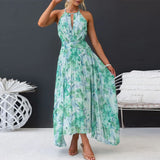 Halter Floral Pleated Maxi Dress with Ruched Waist
