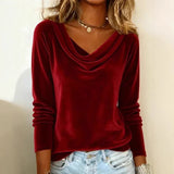 Velvet-Look Top with Cowl Neck and Long Sleeves