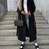 Women's Long Overcoat with Notched Lapel Double Breasted Button Front and Flap Pockets