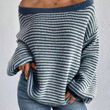 Oversized Off-Shoulder Striped Sweater with Long Sleeves