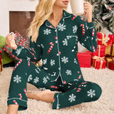 Women's Christmas Pajama Set with Button Front Long Sleeve Top and Matching Pants Snowflake and Candy Cane Print