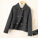 Cropped Double-Breasted Wool Coat with Flap Pockets