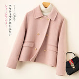 Cropped Double-Breasted Wool Coat with Flap Pockets