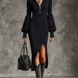 Women's Long Sleeve Midi Dress with V Neck Bishop Sleeves and Fitted Waist