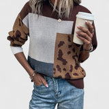 Color block Leopard Print Knit Sweater with Crew Neck