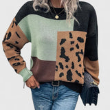 Color block Leopard Print Knit Sweater with Crew Neck