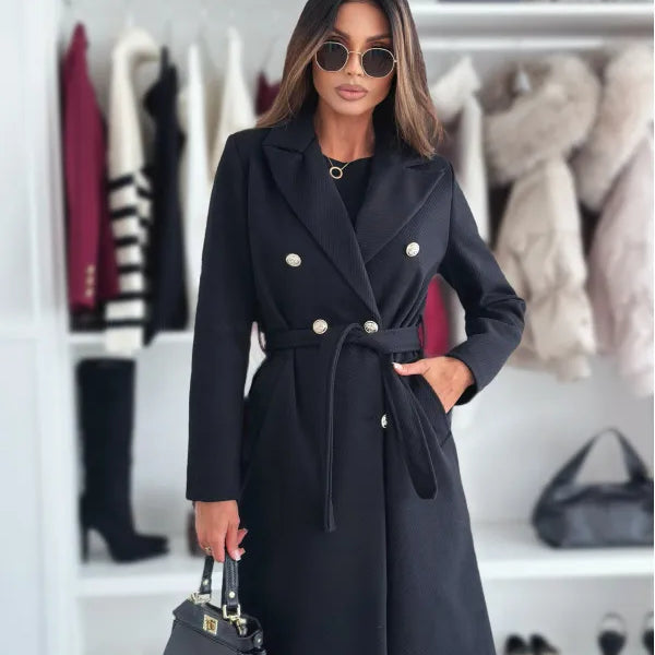 Women's Long Coat with Double Breasted Button Front and Defined Waist for Office Wear