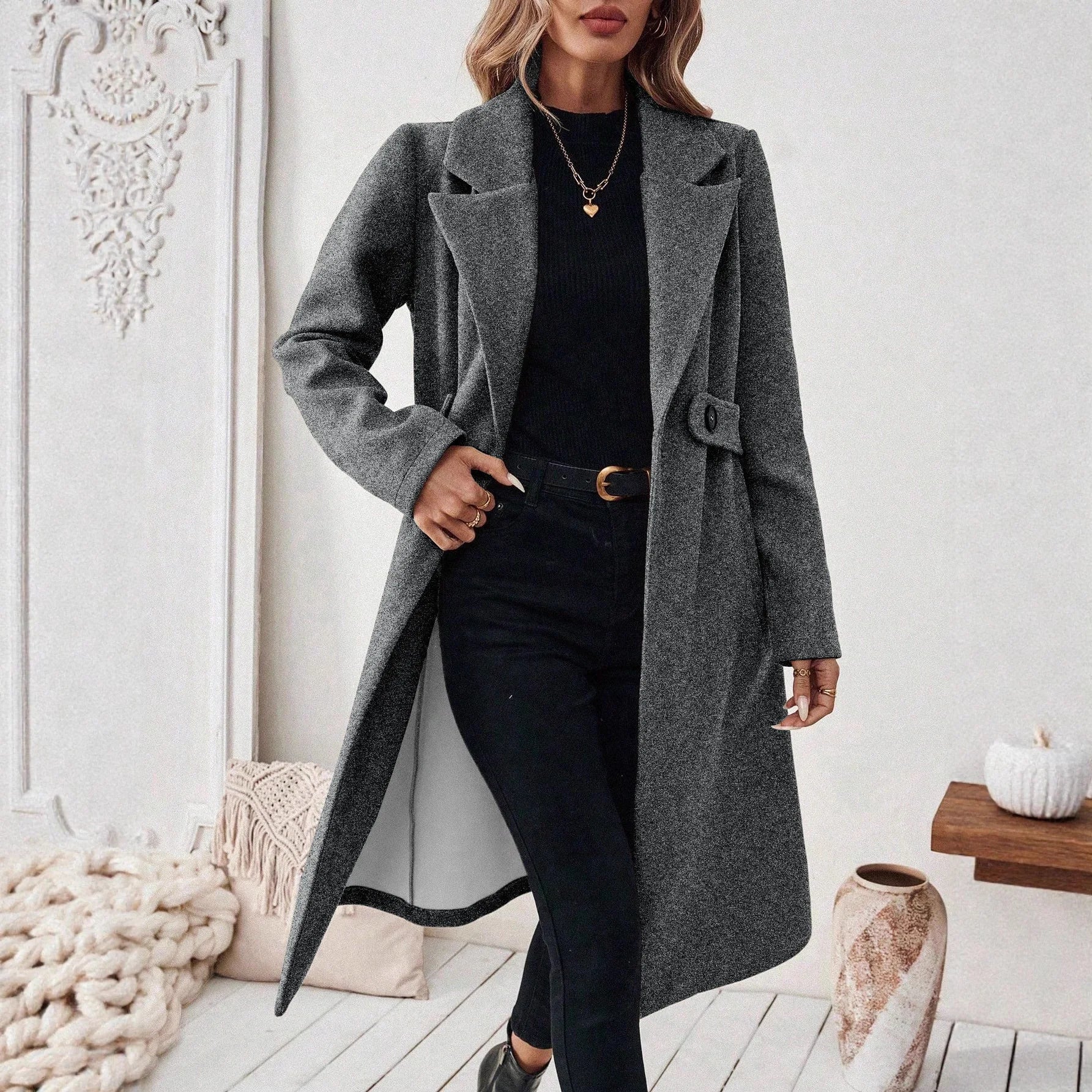Long Womens Coat with Defined Waist and Tailored Knee Length Silhouette for Office Wear
