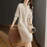 Women's Ribbed Knit Midi Sweater Dress with V Neck Zip Collar and Long Sleeves