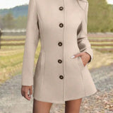 Fitted Stand Collar Coat with Button Front and Side Pockets