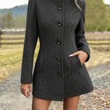 Fitted Stand Collar Coat with Button Front and Side Pockets