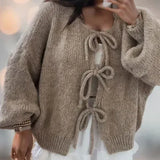 Tie-Front Knit Cardigan with Balloon Sleeves and Ribbed Cuff