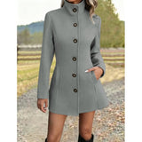 Fitted Stand Collar Coat with Button Front and Side Pockets