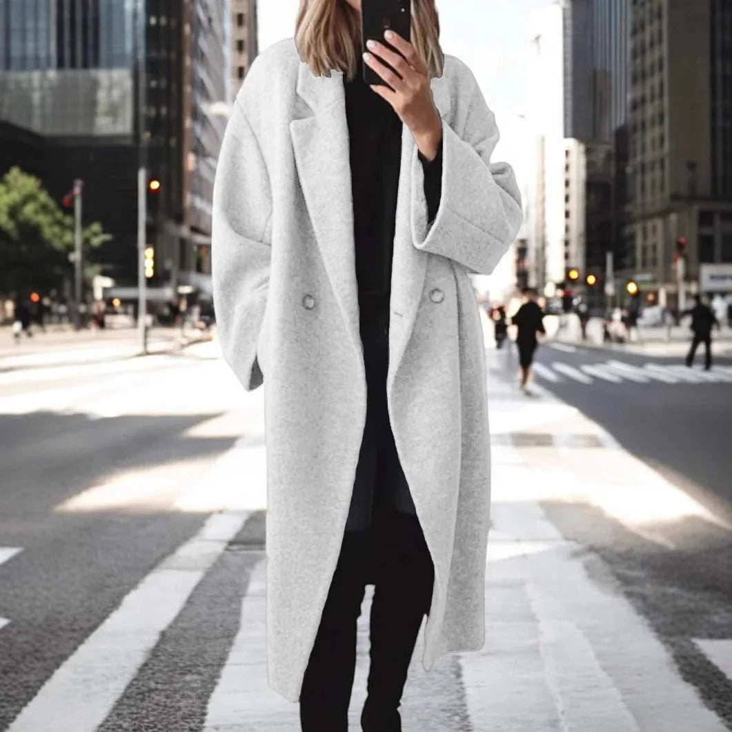 Women's Long Coat with Notched Lapel Collar Relaxed Fit and Side Pockets