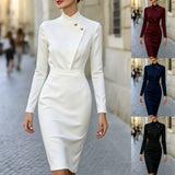 Women's Formal Midi Dress with Asymmetric High Neck and Tailored Waist