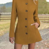 Fitted Stand Collar Coat with Button Front and Side Pockets