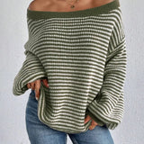 Oversized Off-Shoulder Striped Sweater with Long Sleeves