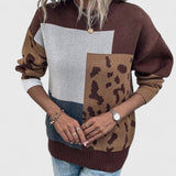 Color block Leopard Print Knit Sweater with Crew Neck