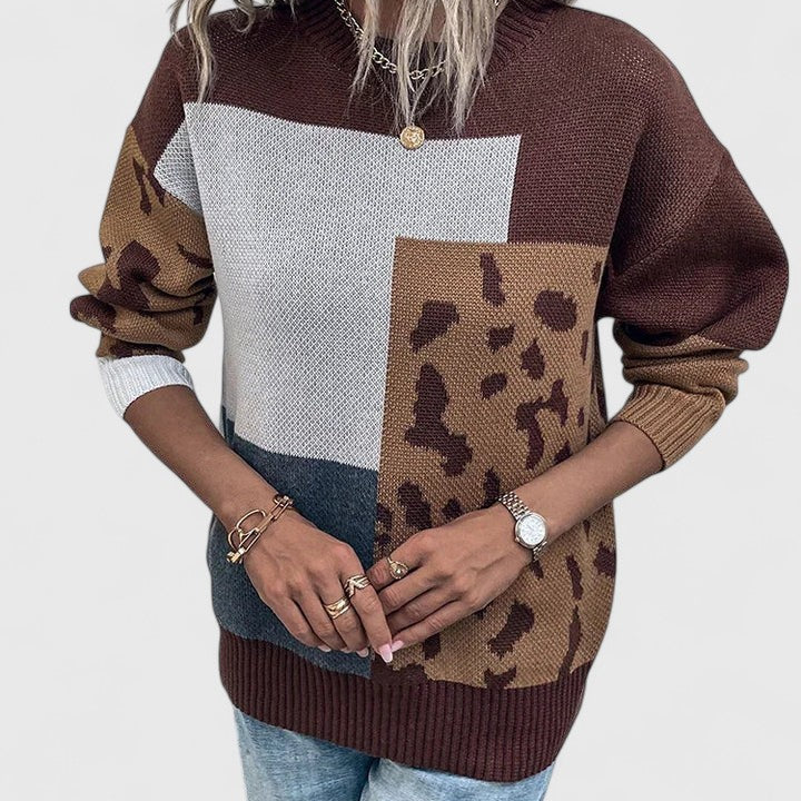 Color block Leopard Print Knit Sweater with Crew Neck