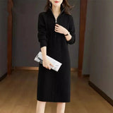 Women's Ribbed Knit Midi Sweater Dress with V Neck Zip Collar and Long Sleeves