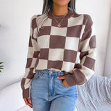 Checkered Knit Sweater with Crew Neck and Long Sleeves