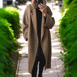 Women's Long Coat with Notched Lapel Collar Relaxed Fit and Side Pockets