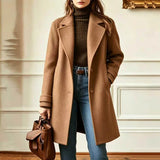 Button Front Wool Coat with Lapel Collar and Side Pocket