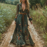 Belted V-Neck Floral Maxi Dress with Balloon Sleeve