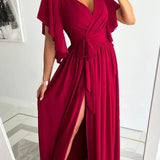 Wrap Maxi Dress with Flutter Sleeve and Tie Waist