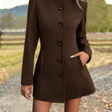 Fitted Stand Collar Coat with Button Front and Side Pockets