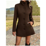 Fitted Stand Collar Coat with Button Front and Side Pockets
