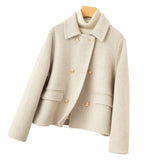 Cropped Double-Breasted Wool Coat with Flap Pockets